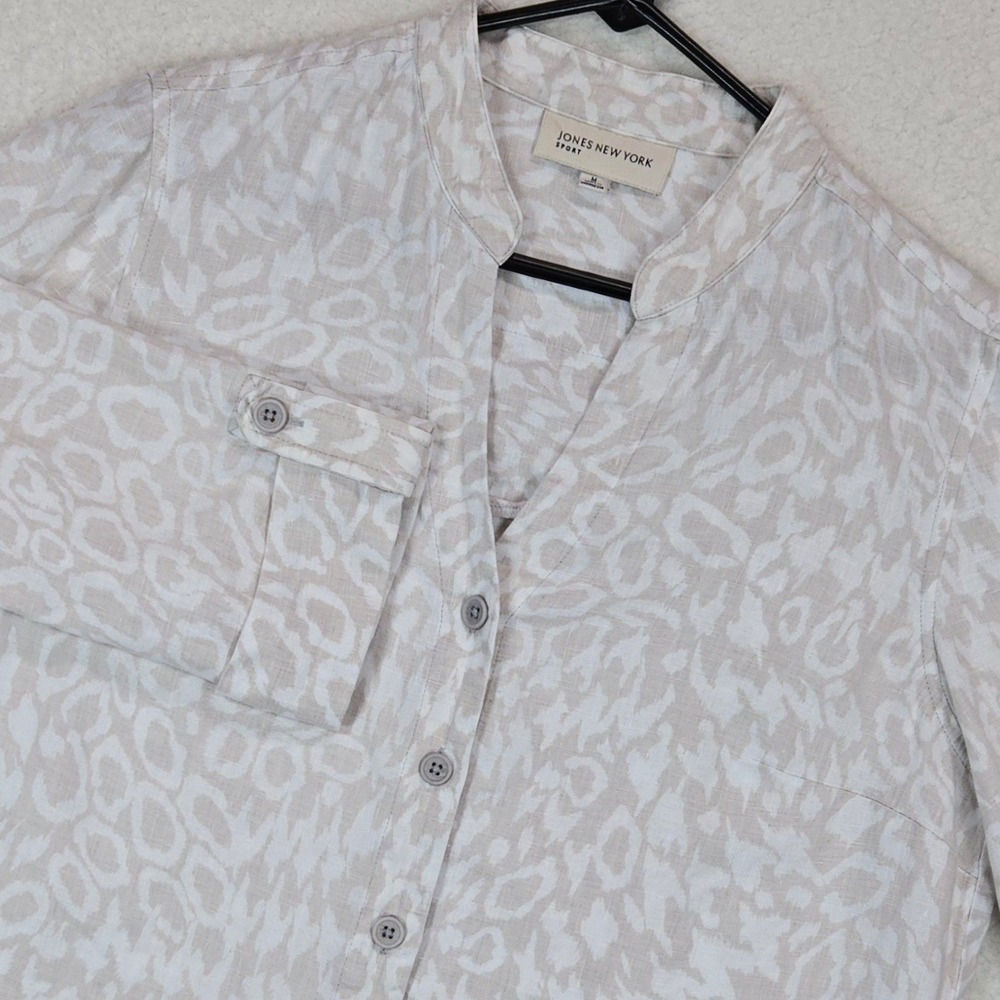 Jones New York Sport Linen Shirt M Beige Animal Print Mandarin Collar Safari